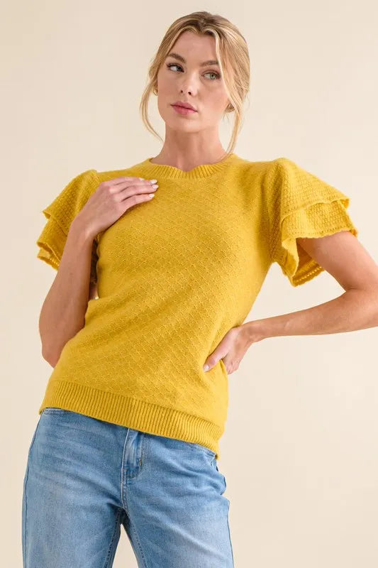 And The Why Double Layered Ruffle Sleeves Sweater Top MUSTARD - Fashorio
