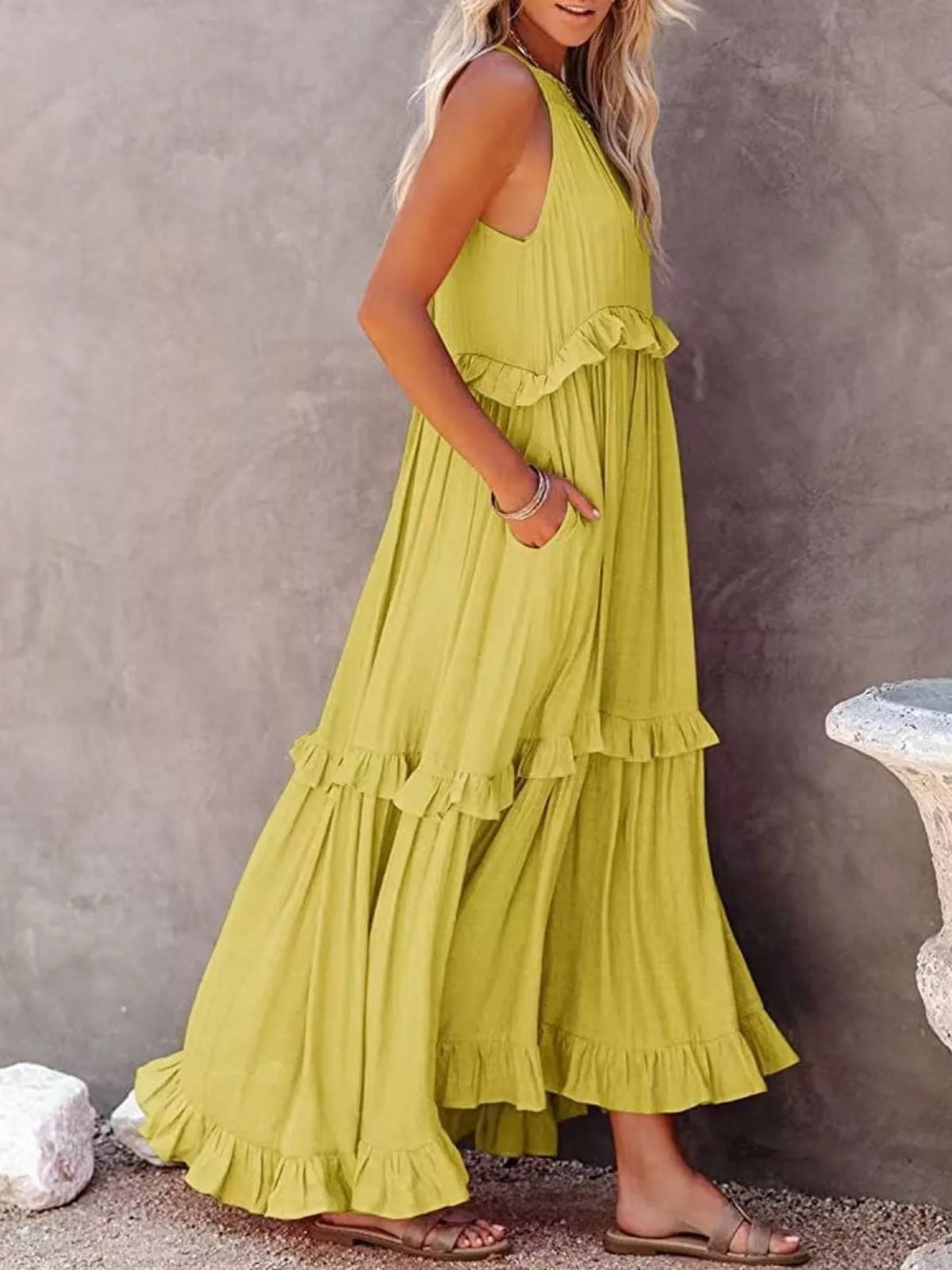 Ruffled tiered sleeveless maxi dress detail view