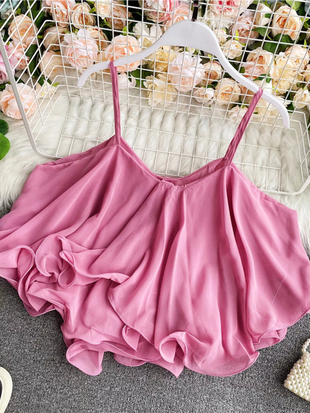 Ruffled flowy cami top back view