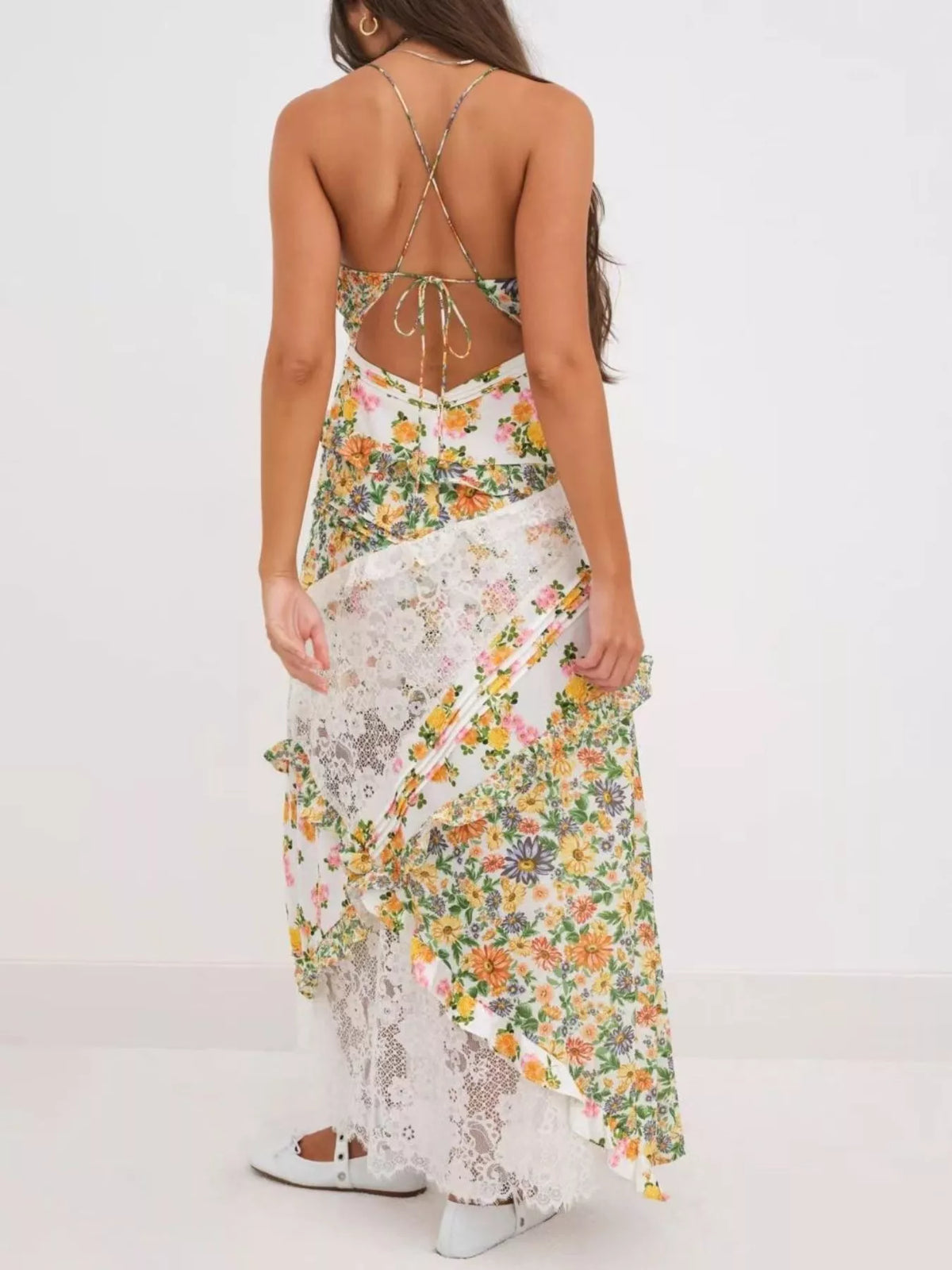 Full length lace maxi dress styled for an event