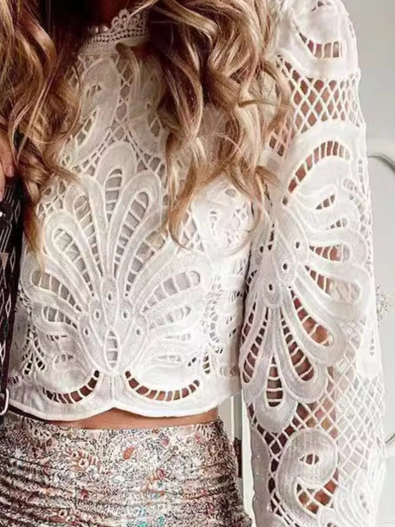 Lace Crochet Long Sleeve Blouse - Fashorio