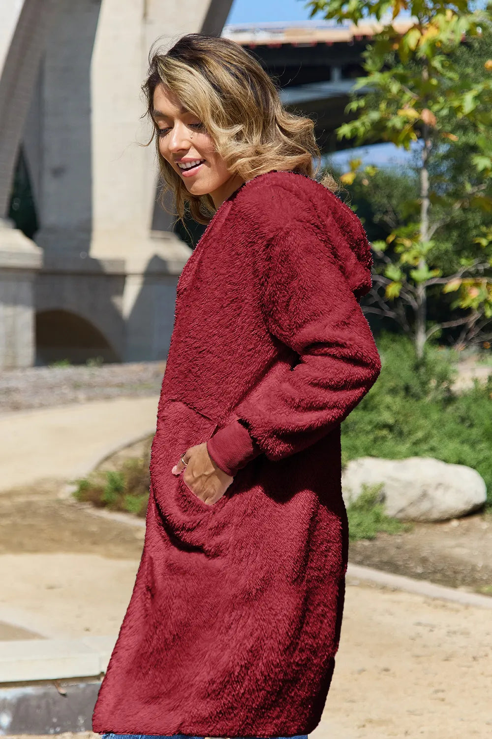 Double Take Full Size Hooded Teddy Bear Jacket with Thumbholes - Fashorio