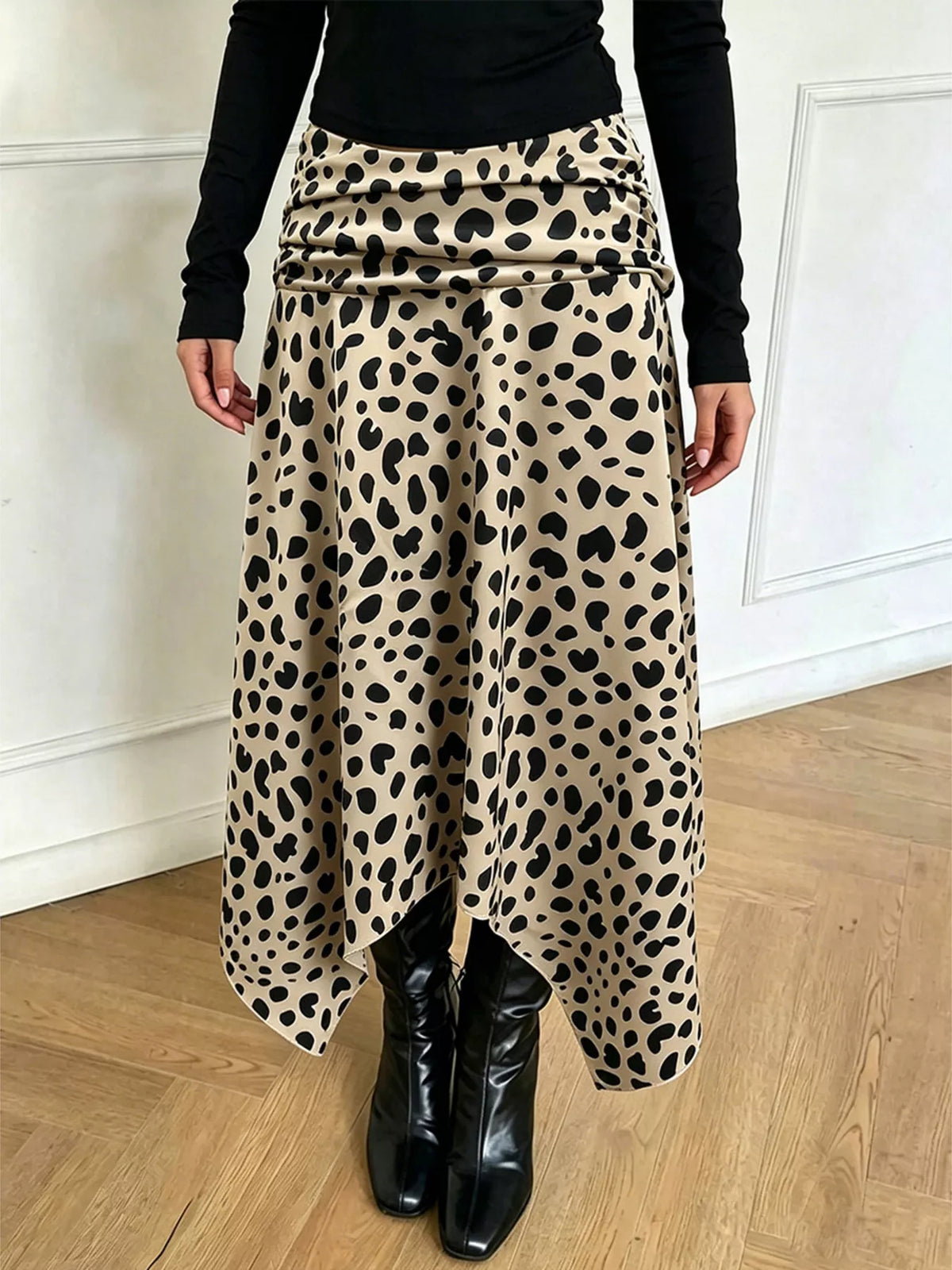Animal print midi skirt shown from the side