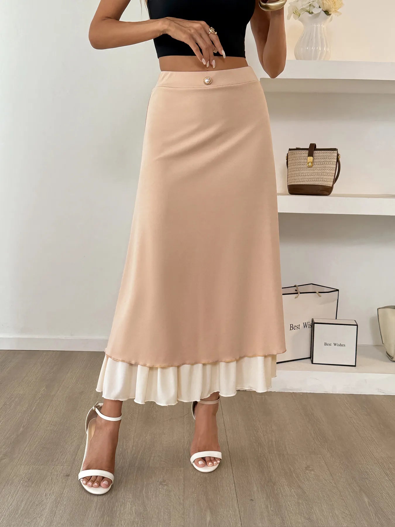 Layered Midi Skirt with Contrast Hem Detail - Fashorio