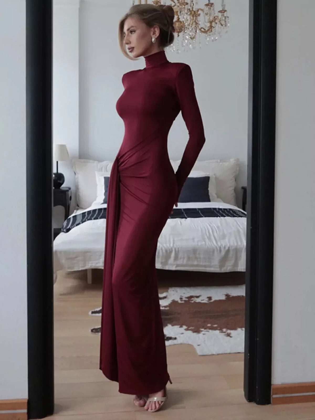 Turtleneck Long Sleeve Tie Waist Maxi Dress view 12