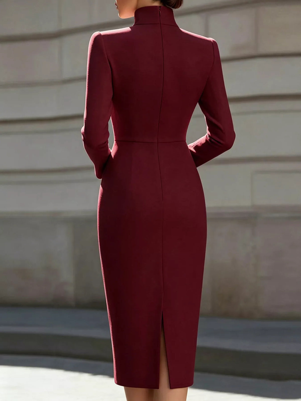 high neck long sleeve slit dress three quarter angle