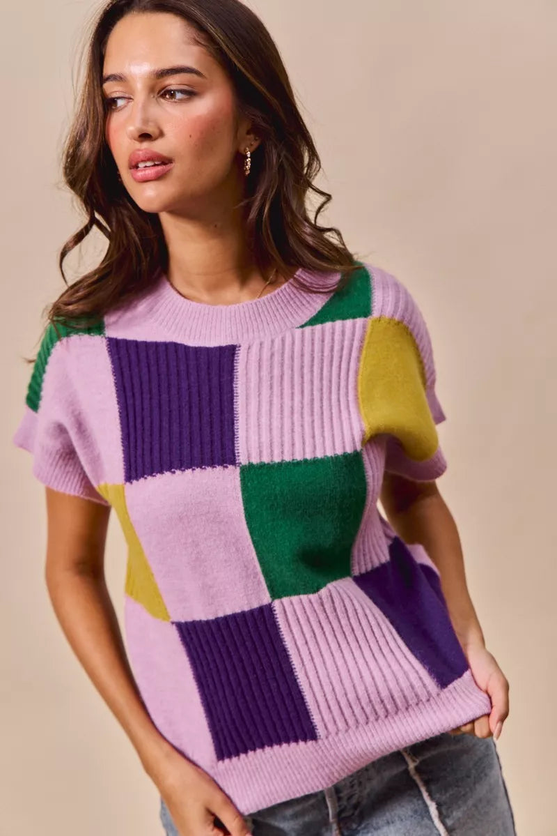 Check Plaid Casual Sweater Top in Lavender view 10