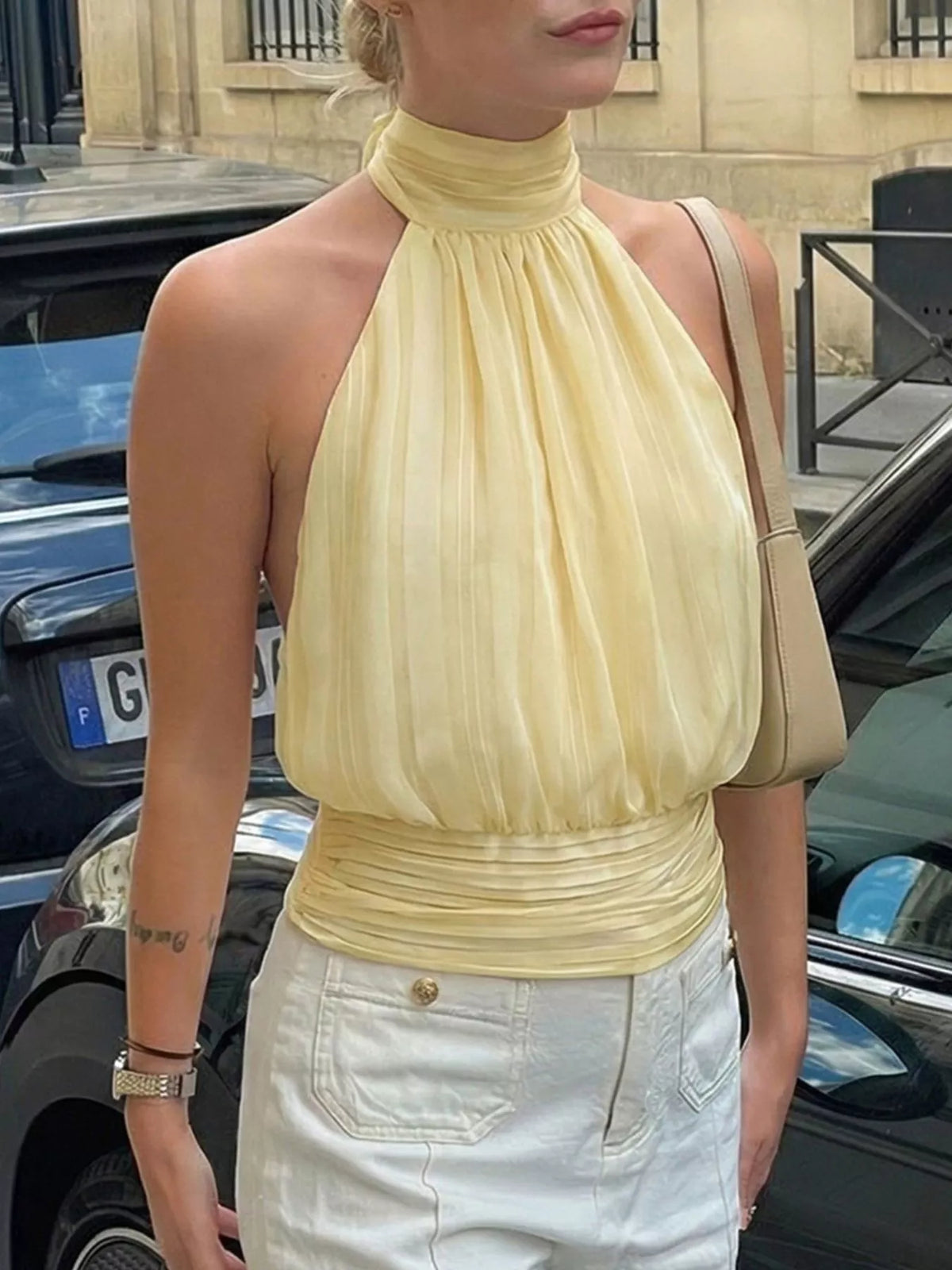 Side view of the ruched halter neck cami