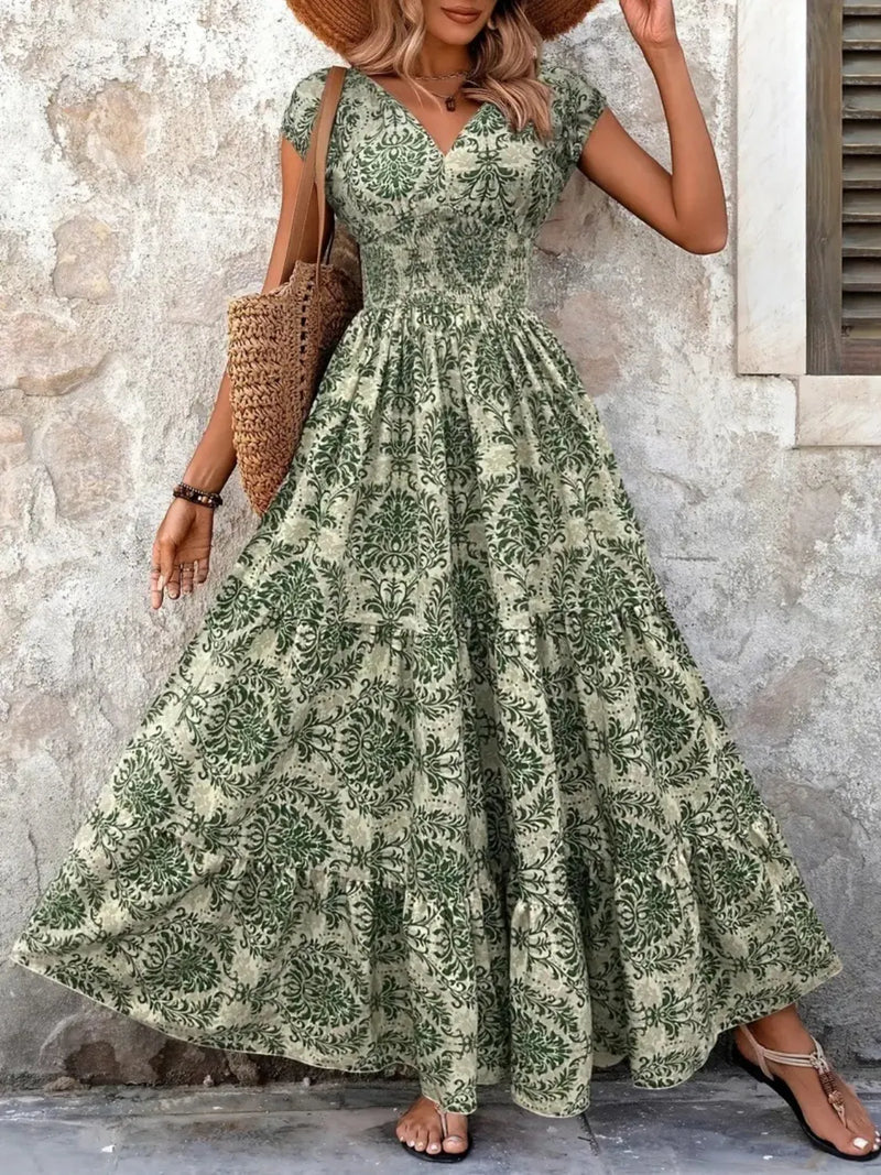 Vintage floral cap sleeve maxi dress front view