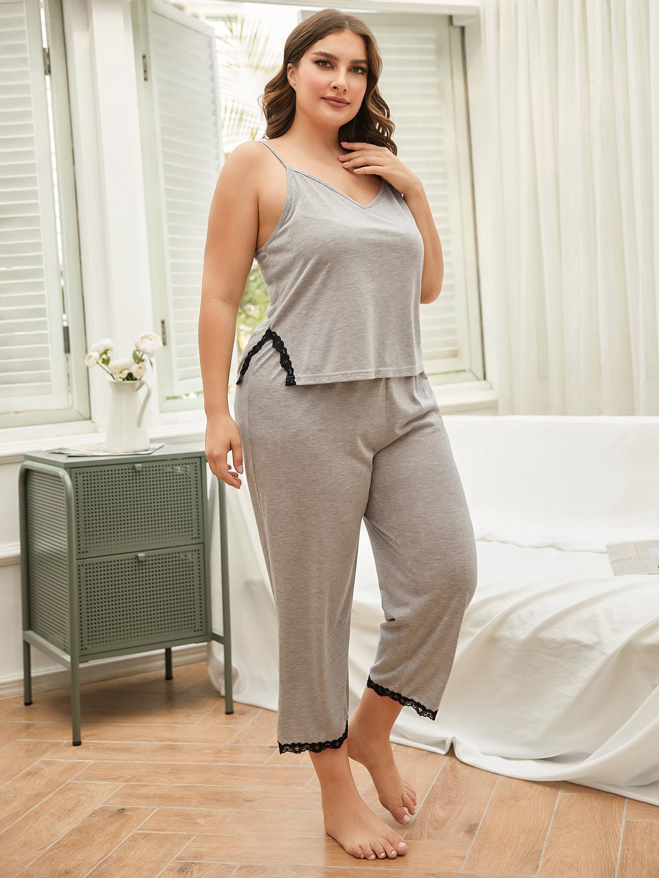 Plus Size Lace Trim Slit Cami and Pants Pajama Set - Fashorio