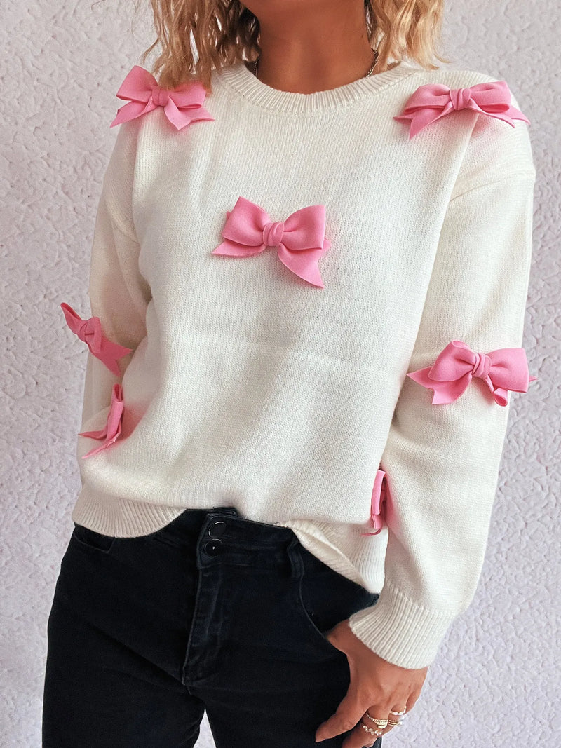 Bow round neck long sleeve sweater front view