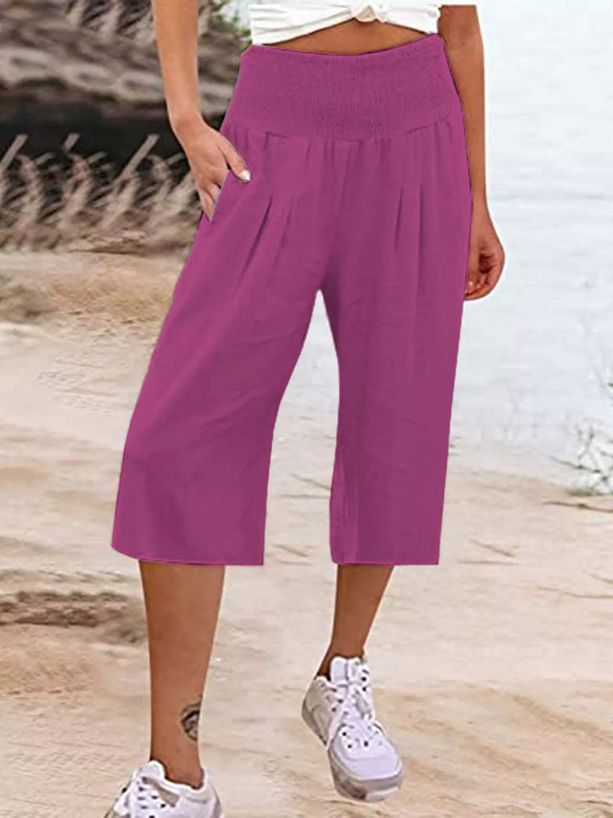 Smocked capri pants shown in a violet colorway