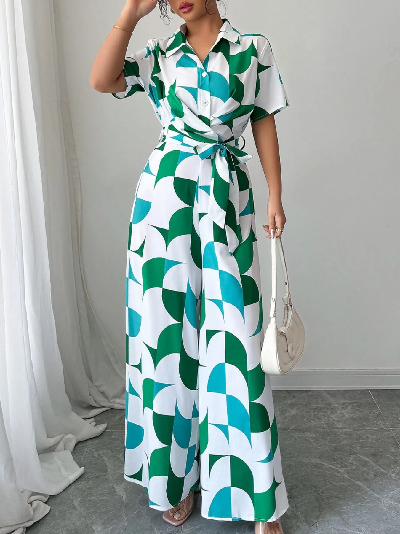 Printed Wide Leg Belted Jumpsuit - Fashorio
