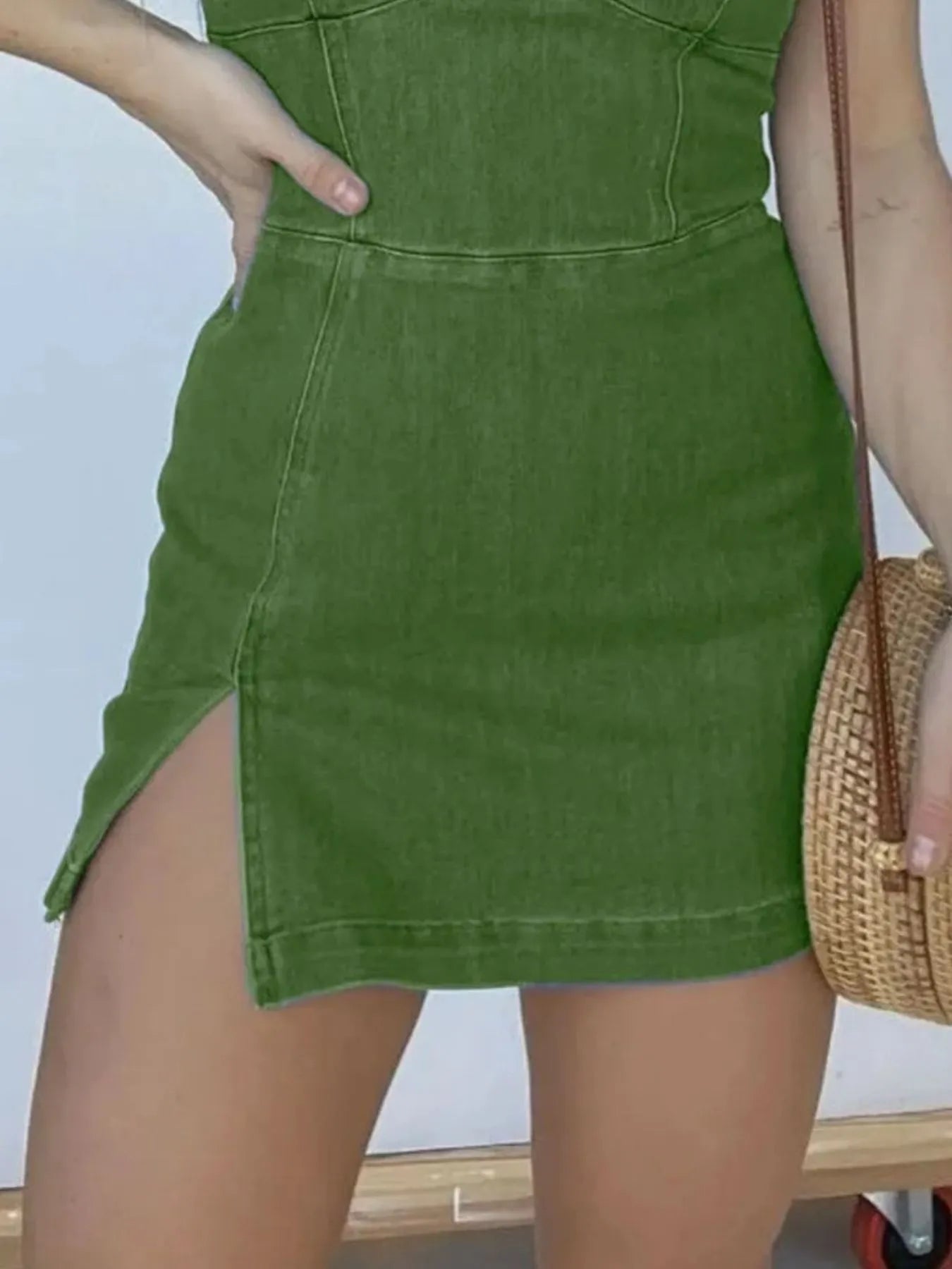 Full Size Slit Square Neck Denim Dress Plus Size - Fashorio