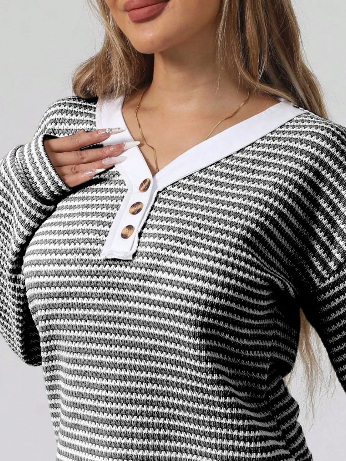 Striped Button Detail Long Sleeve Top - Fashorio