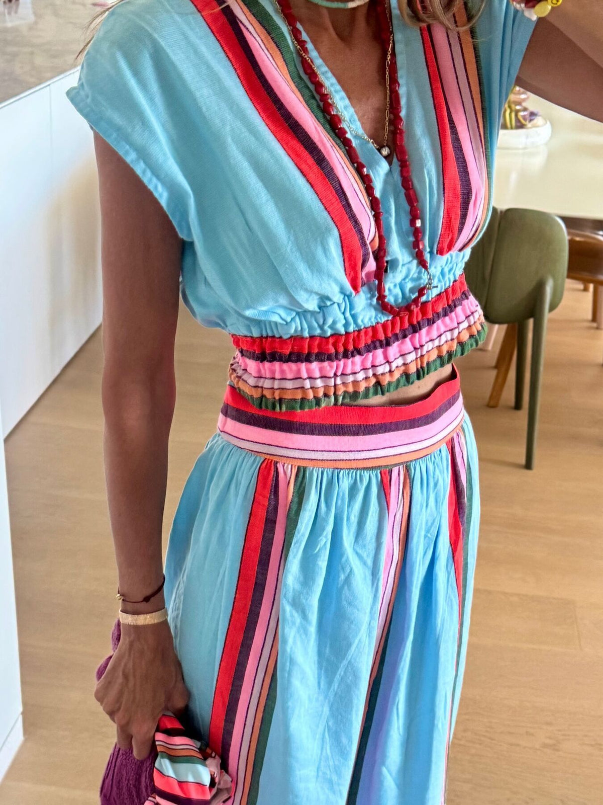 Striped cap sleeve top and matching skirt set side view