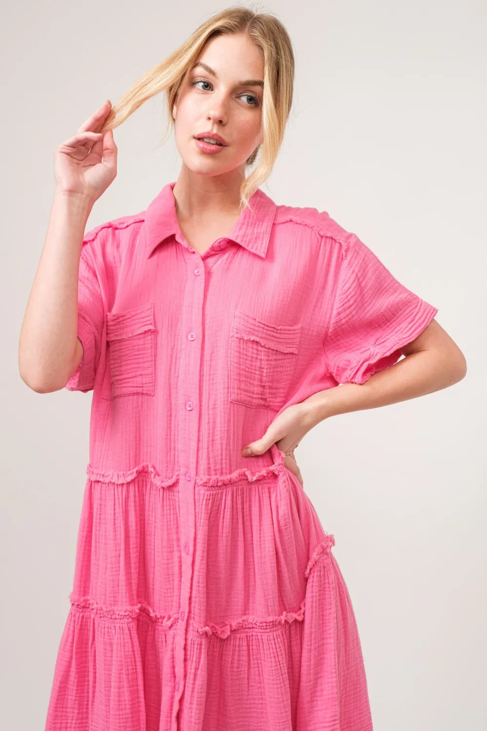 Raw Edge Washed Tiered Shirt Dress on model