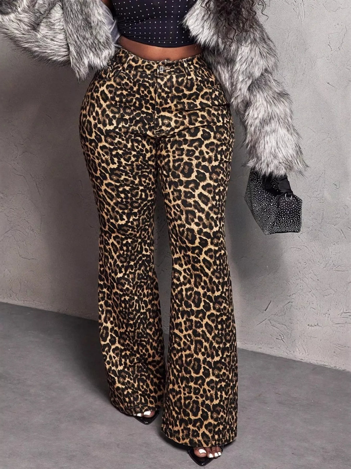 Leopard print wide leg pants front view