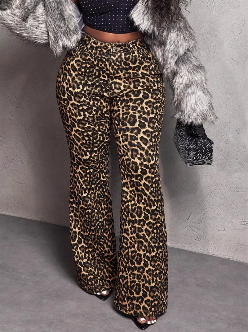 Leopard print wide leg pants front view
