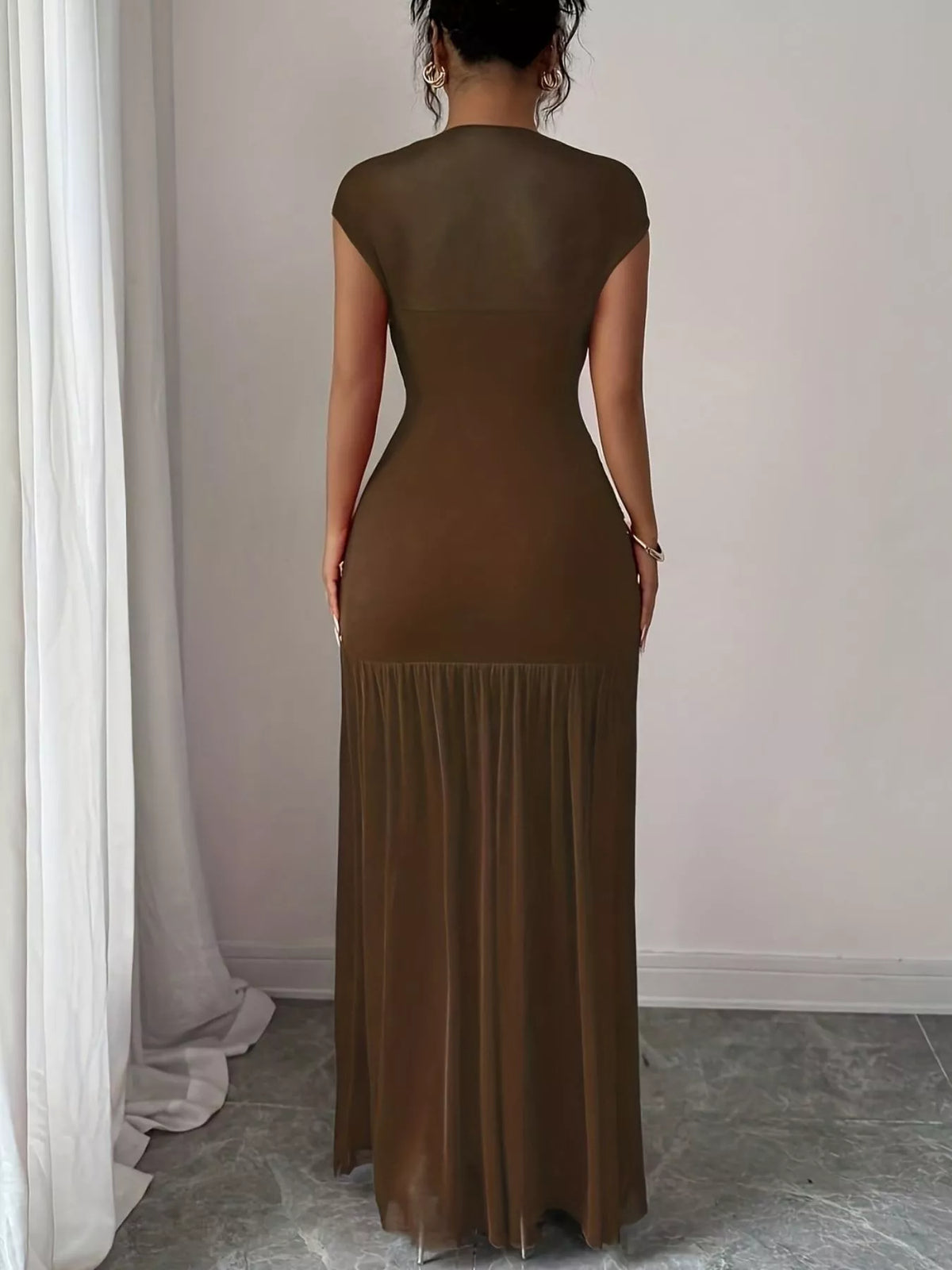 ruched bodycon maxi dress three quarter view