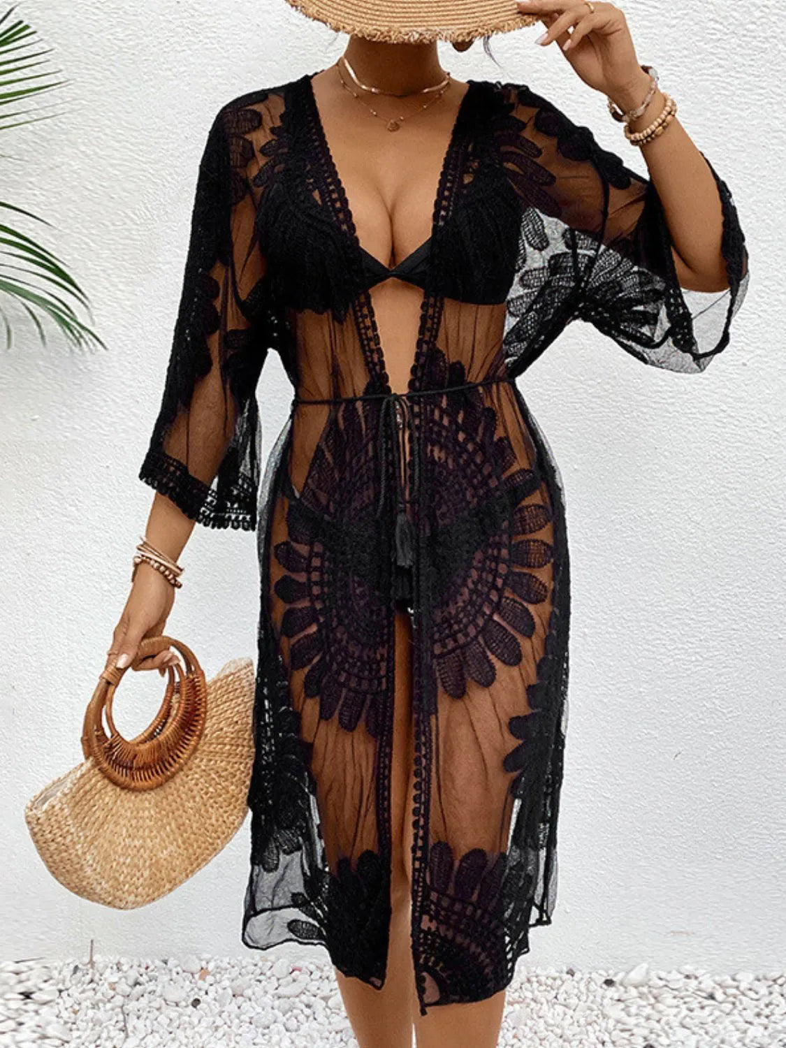 Lace Open Front Longline Cover-Up - Fashorio