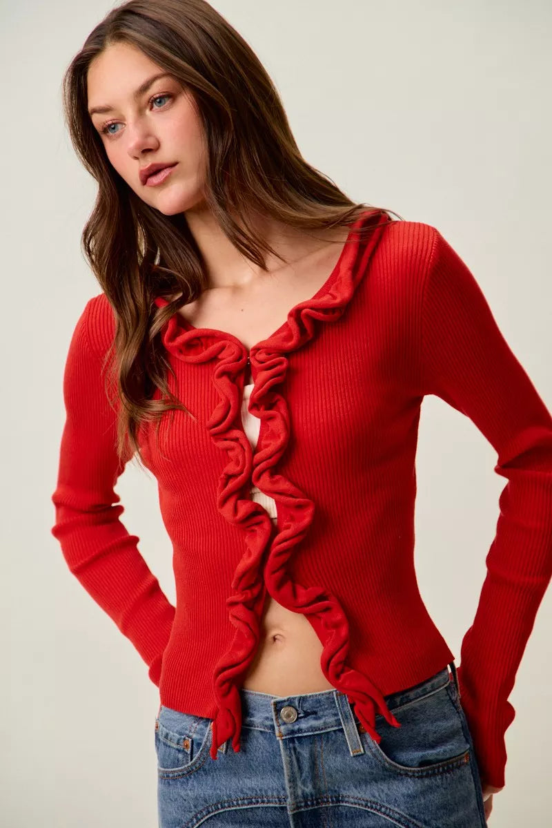 Cascade Ruffle Ribbed Knit Sweater Cardigan, view 22