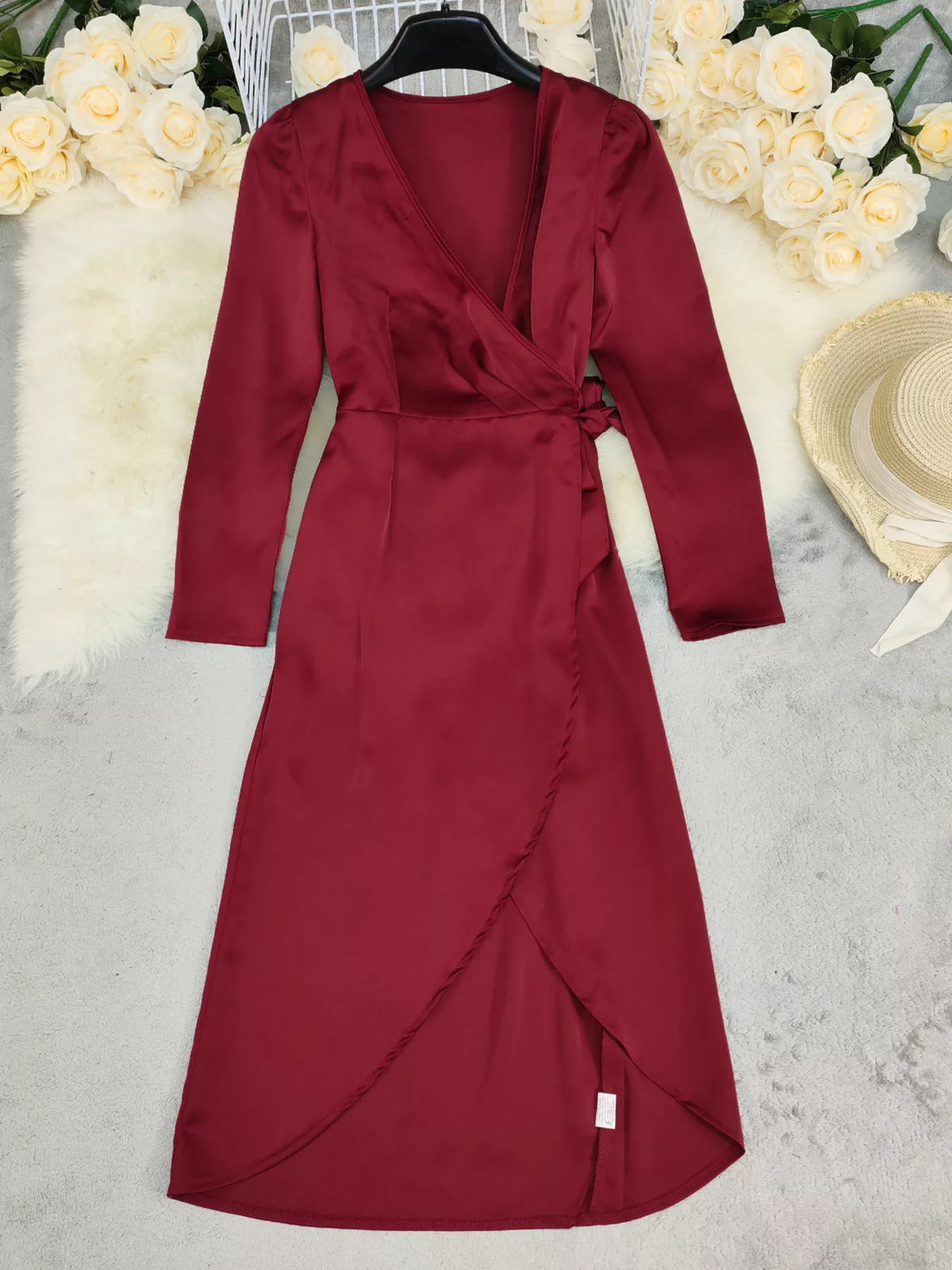 Red satin surplice long sleeve maxi dress styled look