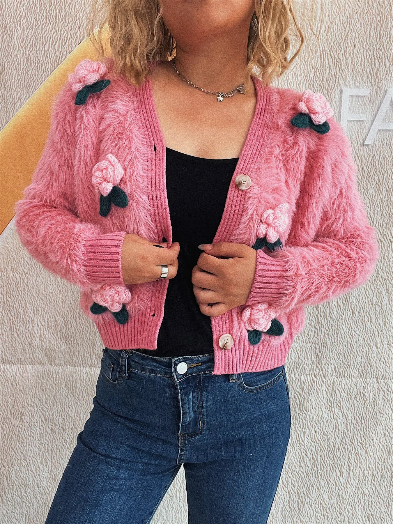 Flower Fuzzy Button-Up Cardigan - Fashorio