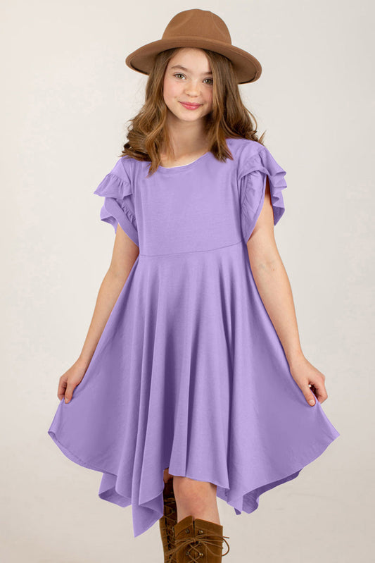 Round Neck Petal Sleeve Dress Lavender - Fashorio