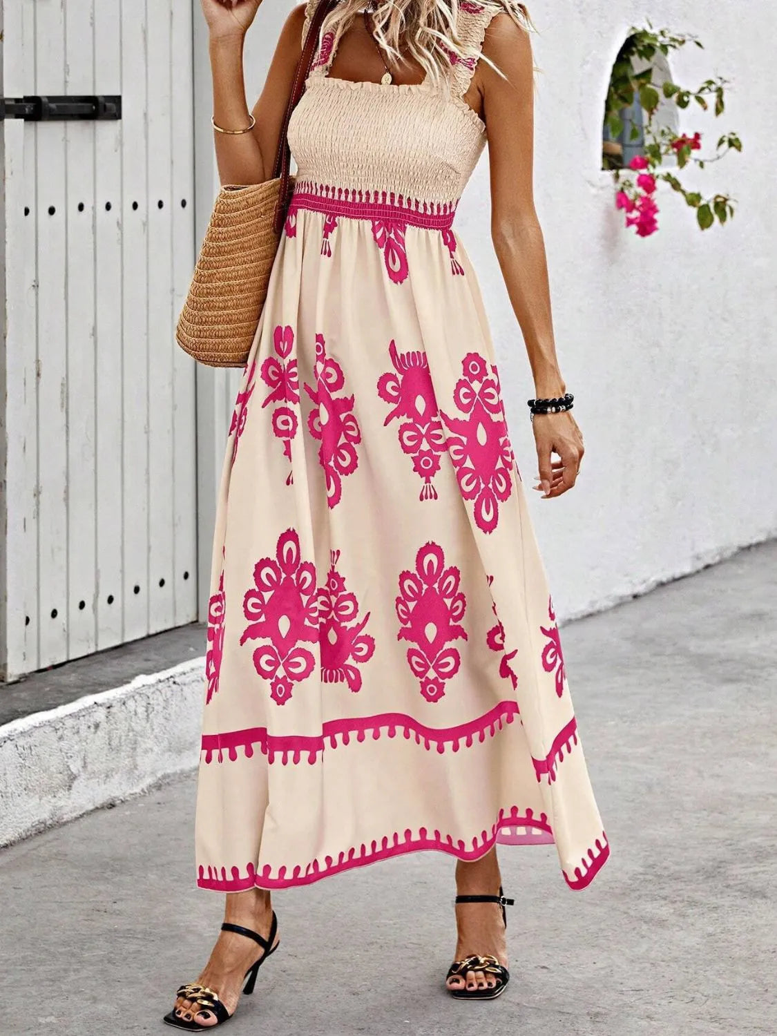 Smocked Printed Wide Strap Maxi Dress, view 23