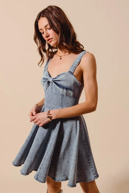 SO ME Mineral Washed Bow Ribbon Denim Flare Dress - Fashorio