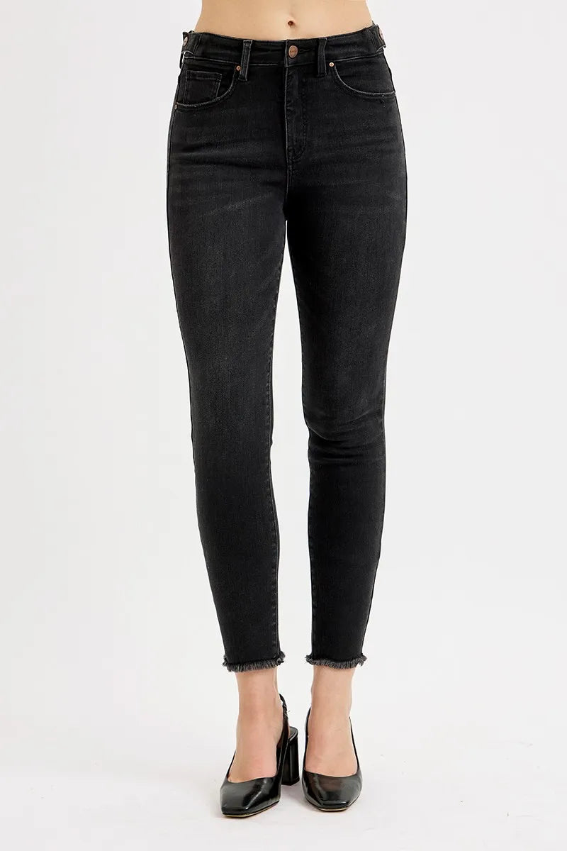 RISEN Full Size Tummy Control High Rise Adjustable Waist Skinny Jeans Plus Size BLACK - Fashorio