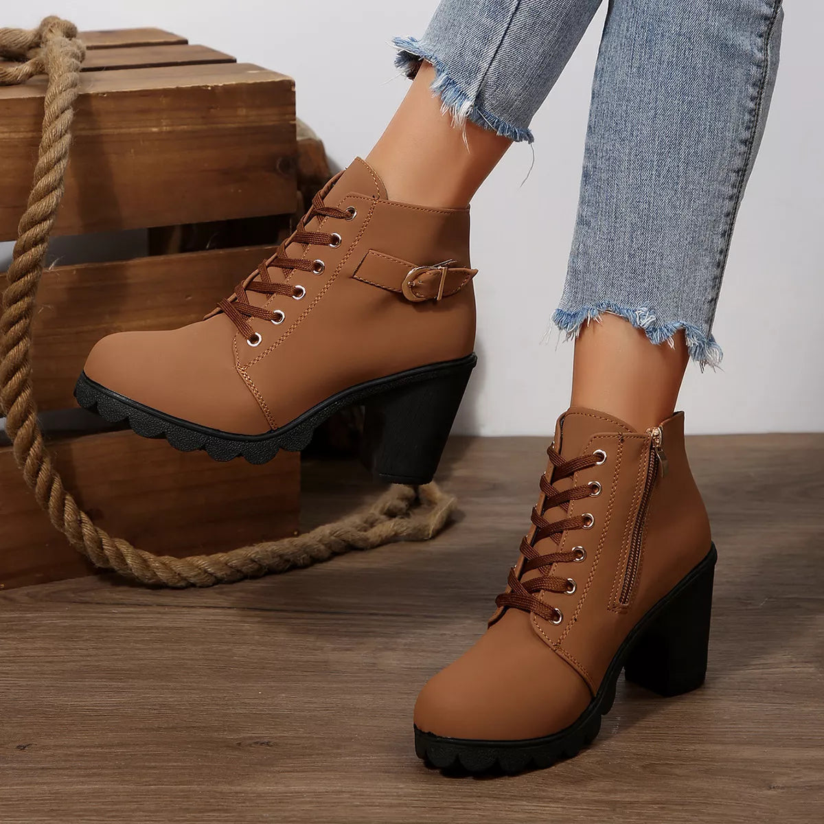 Lace up block heel suede boots angled studio view