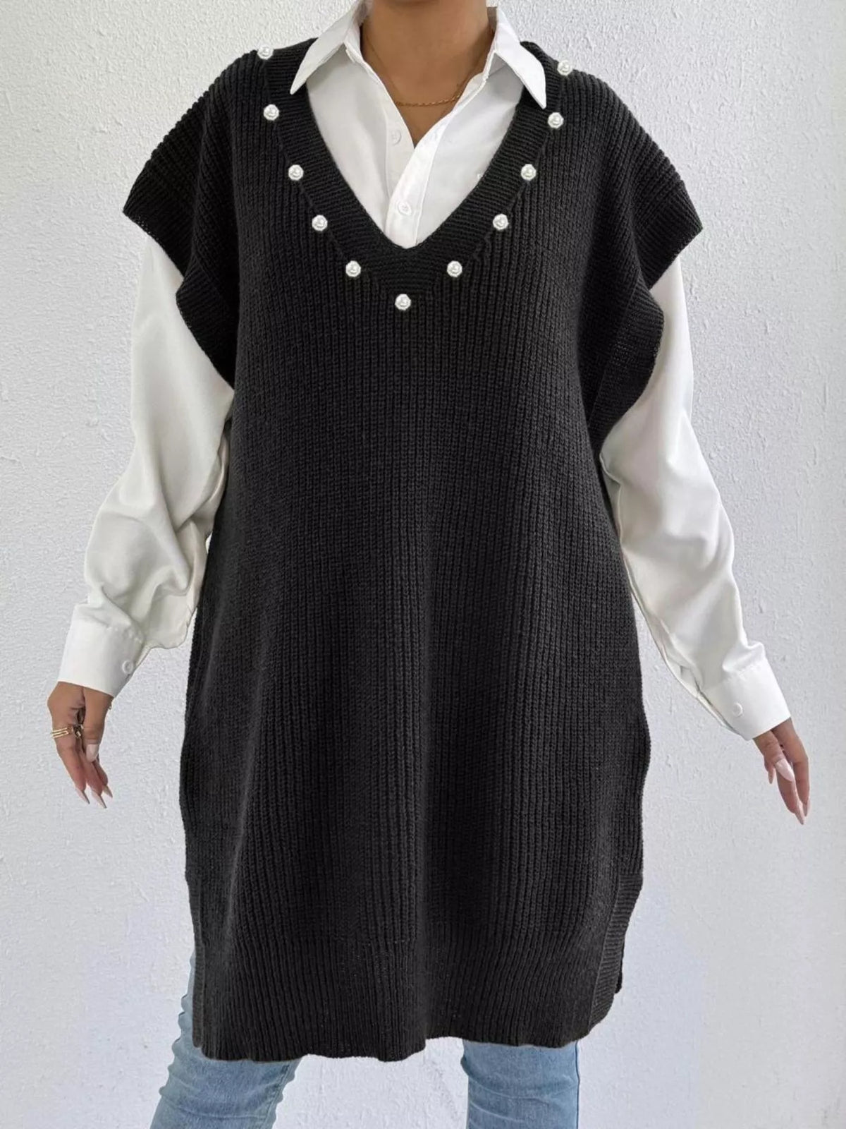 slit v neck sweater dress relaxed fit view