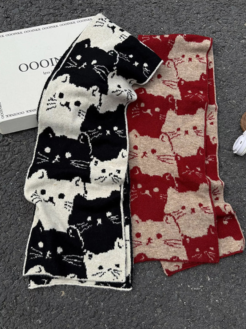 Cute cat pattern knitted scarf in soft polyester