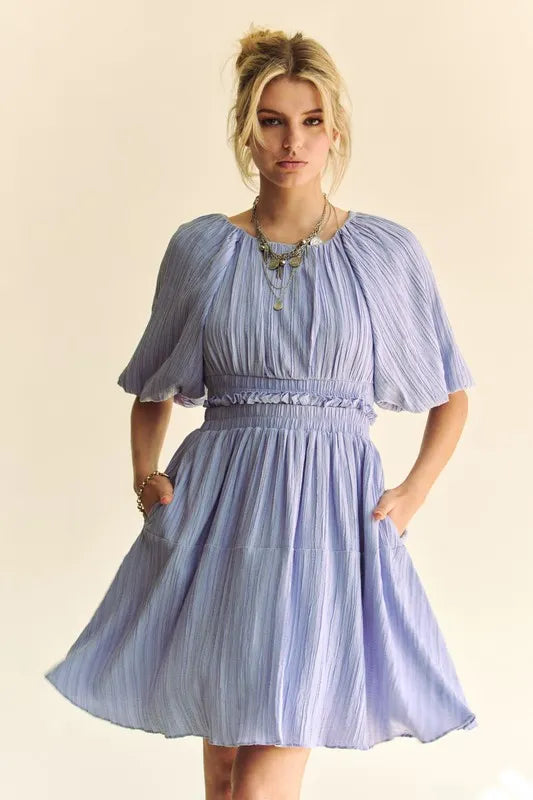 Back Button Puff Sleeve Mini Dress in Lavender