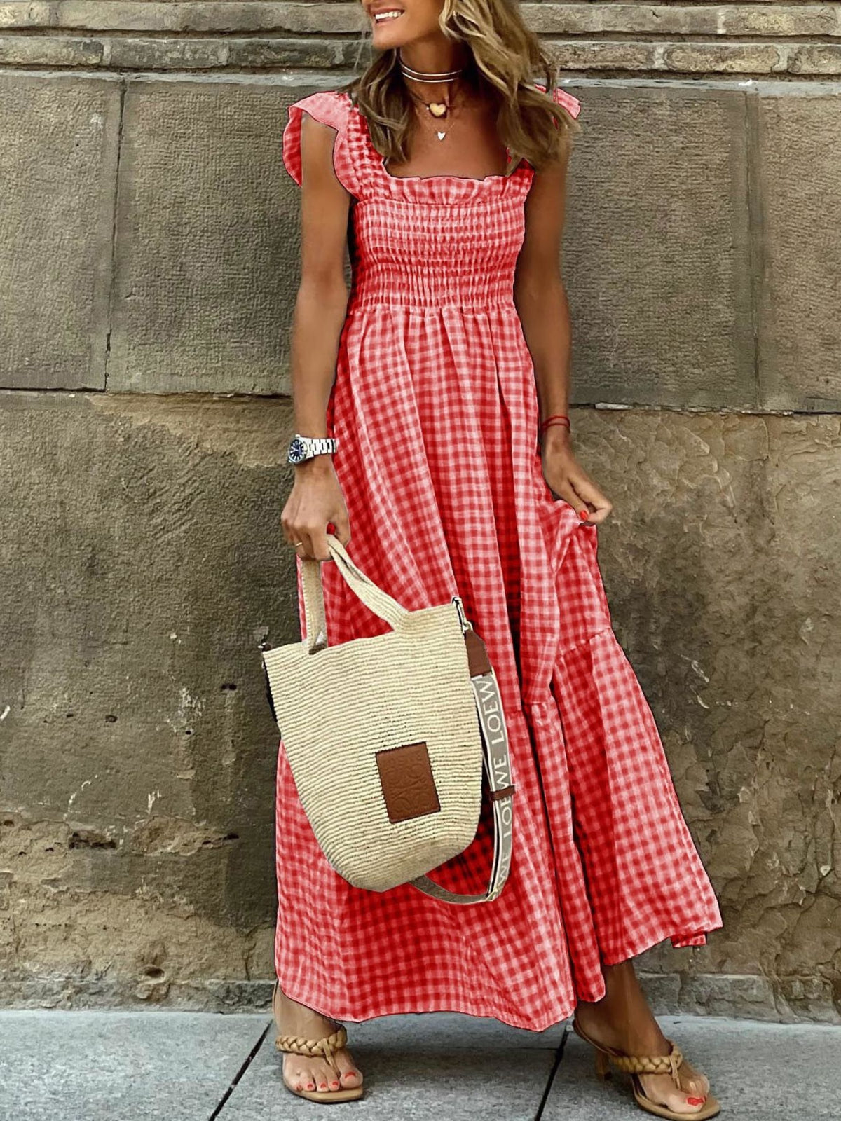 Plaid ruffle sleeve maxi dress detail view