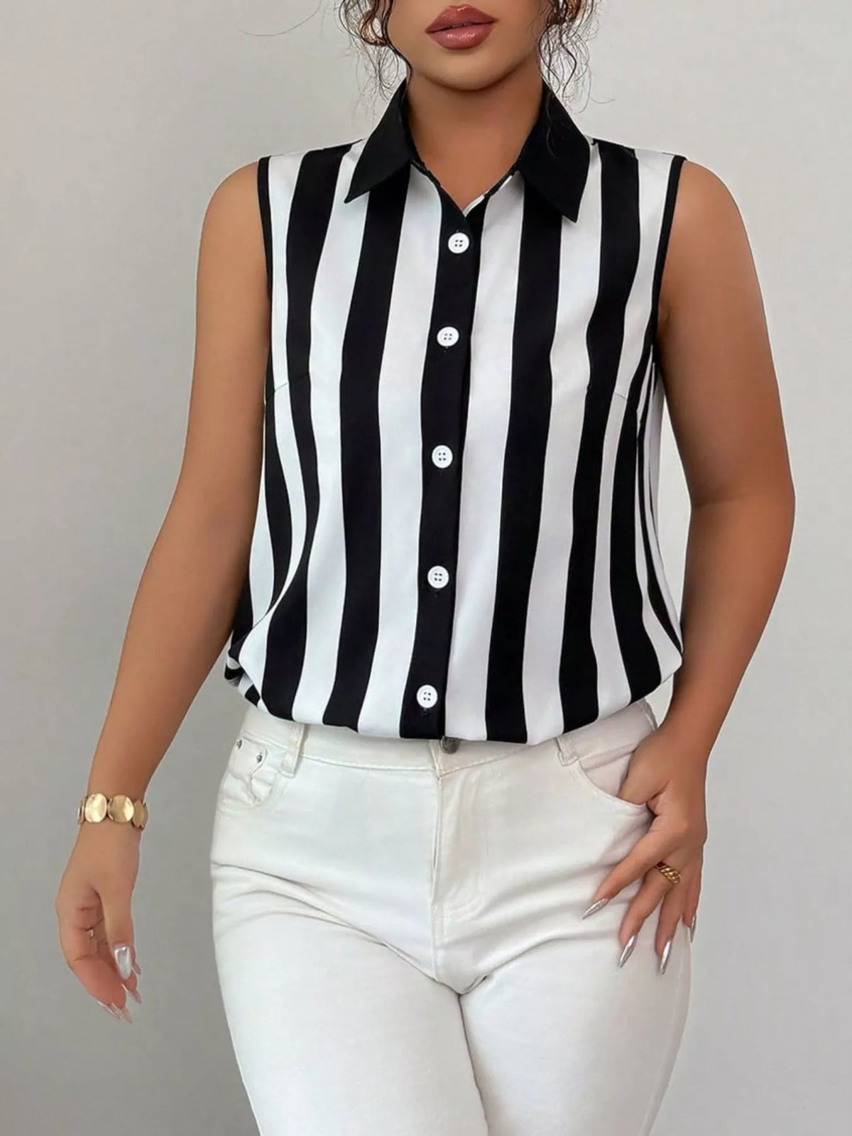 Button up sleeveless shirt full length view