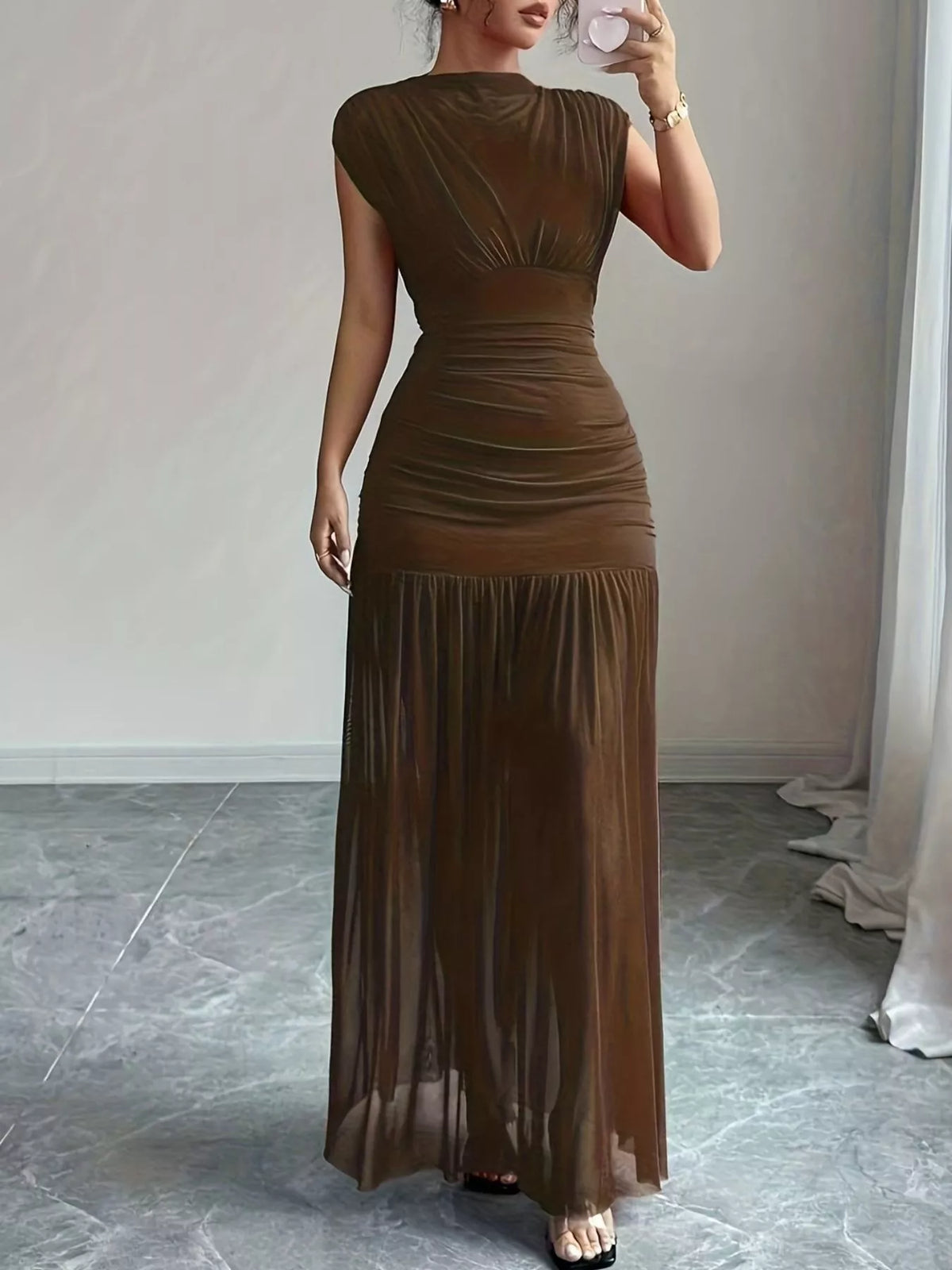 ruched bodycon maxi dress styled full length look