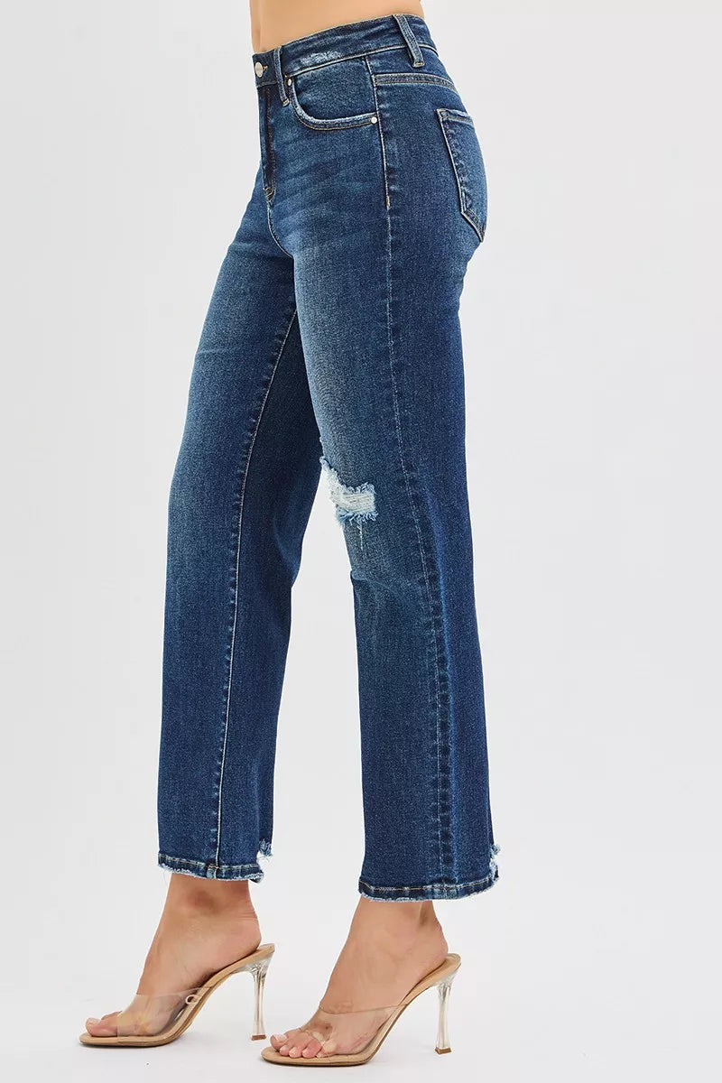 Distressed knee detail on dark denim