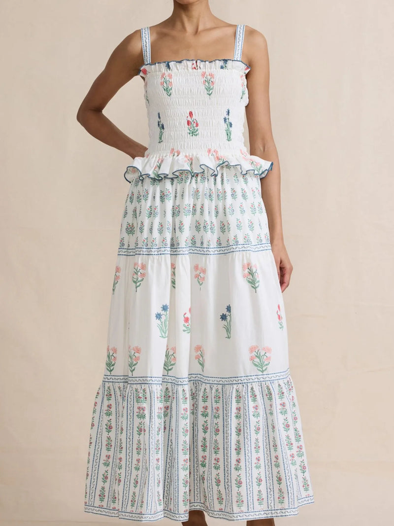 smocked ruffle square neck maxi dress front view
