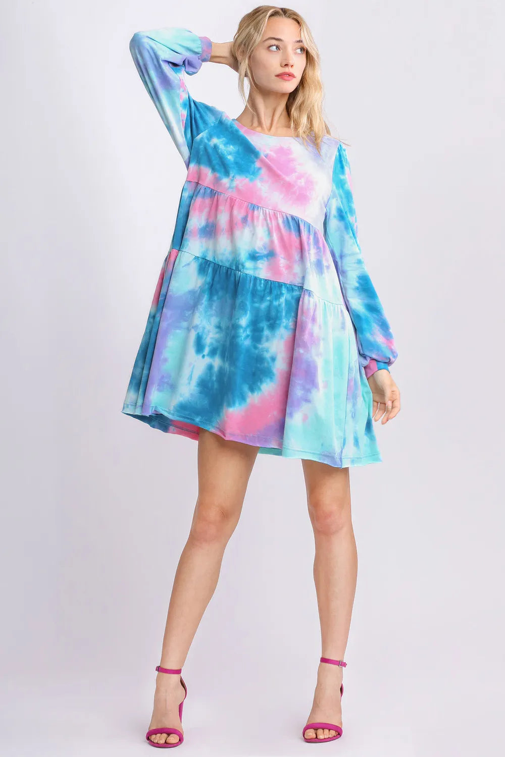 Tie Dye Long Sleeve Babydoll Tiered Dress Plus Size in Teal back view