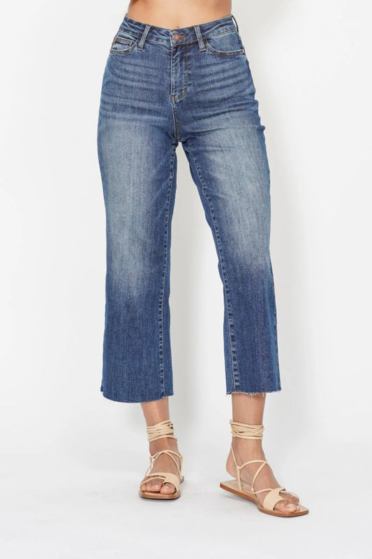 Judy Blue High Waist Back Pocket Embroidery Crop Wide Jeans Dark - Fashorio