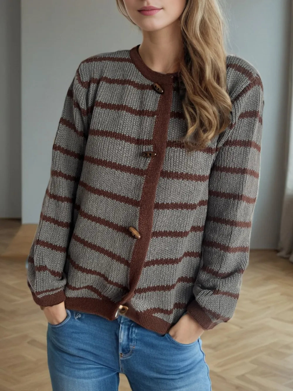 Striped Round Neck Long Sleeve Cardigan Dark Gray One Size - Fashorio