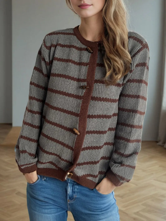 Striped Round Neck Long Sleeve Cardigan Dark Gray One Size - Fashorio