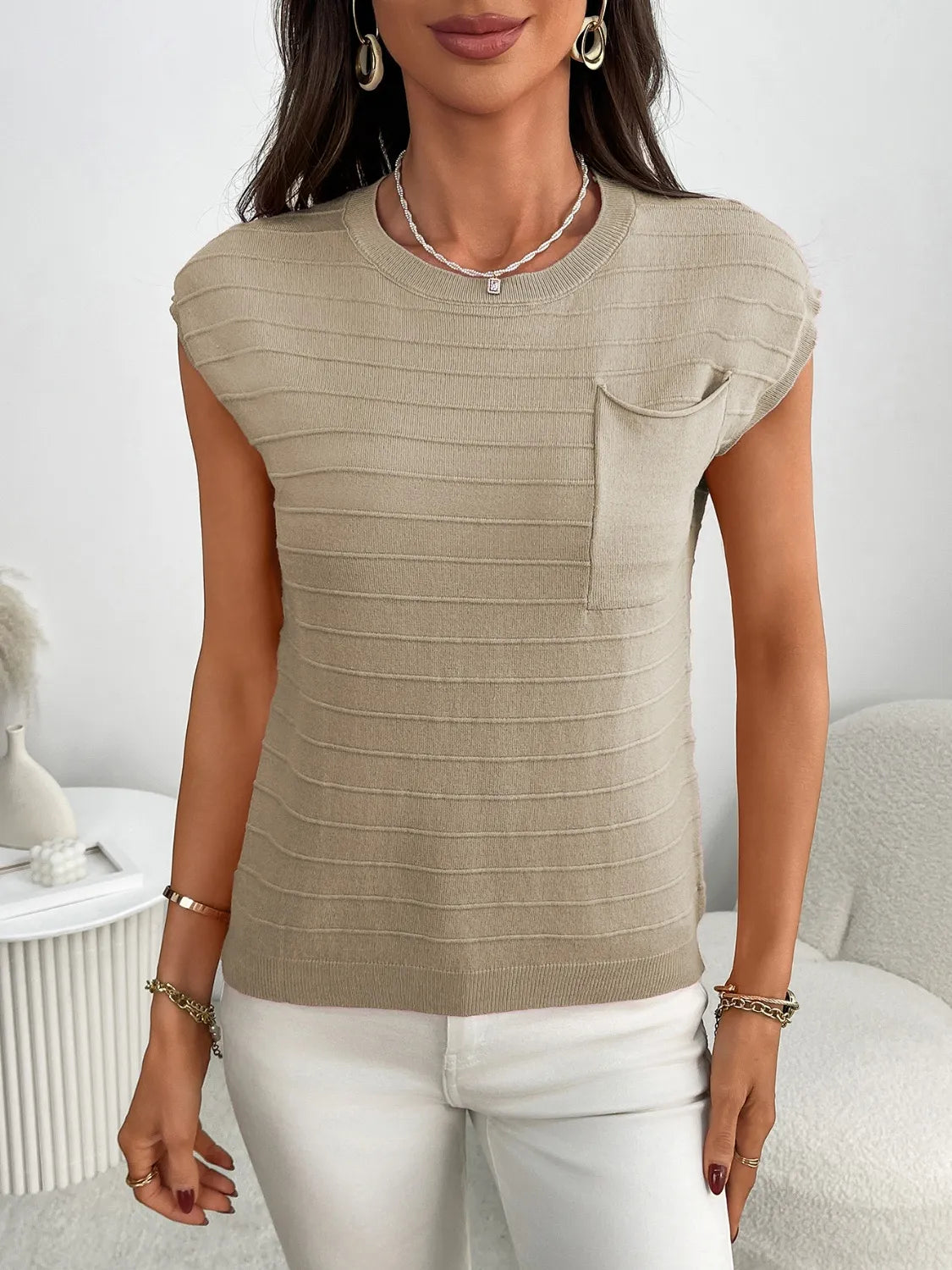 Round Neck Cap Sleeve Knit Top - Fashorio