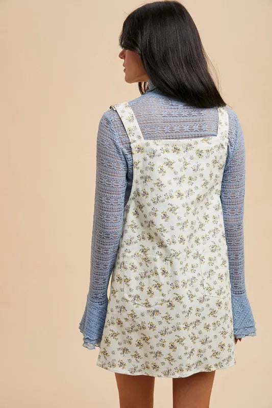 Annie Wear Stretch Ditsy Print Denim Overall Mini Dress - Fashorio