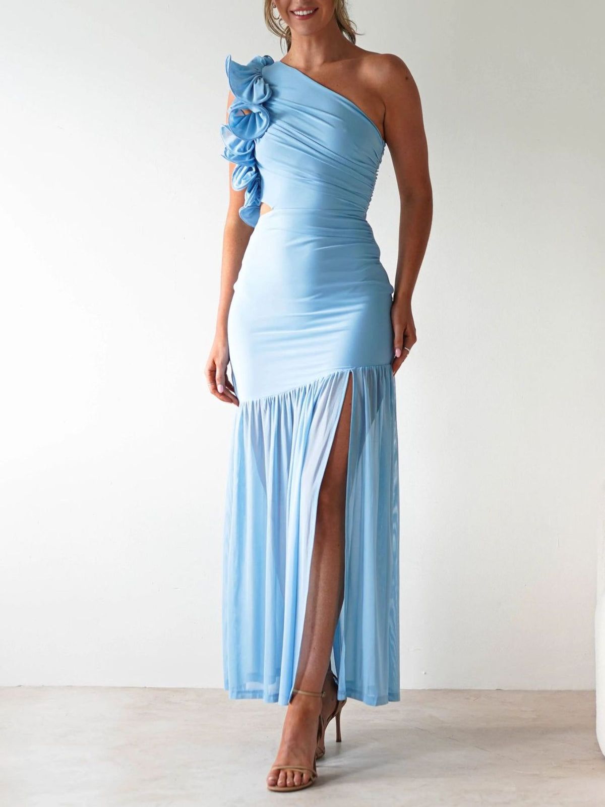 one shoulder ruffle trim maxi dress three quarter view