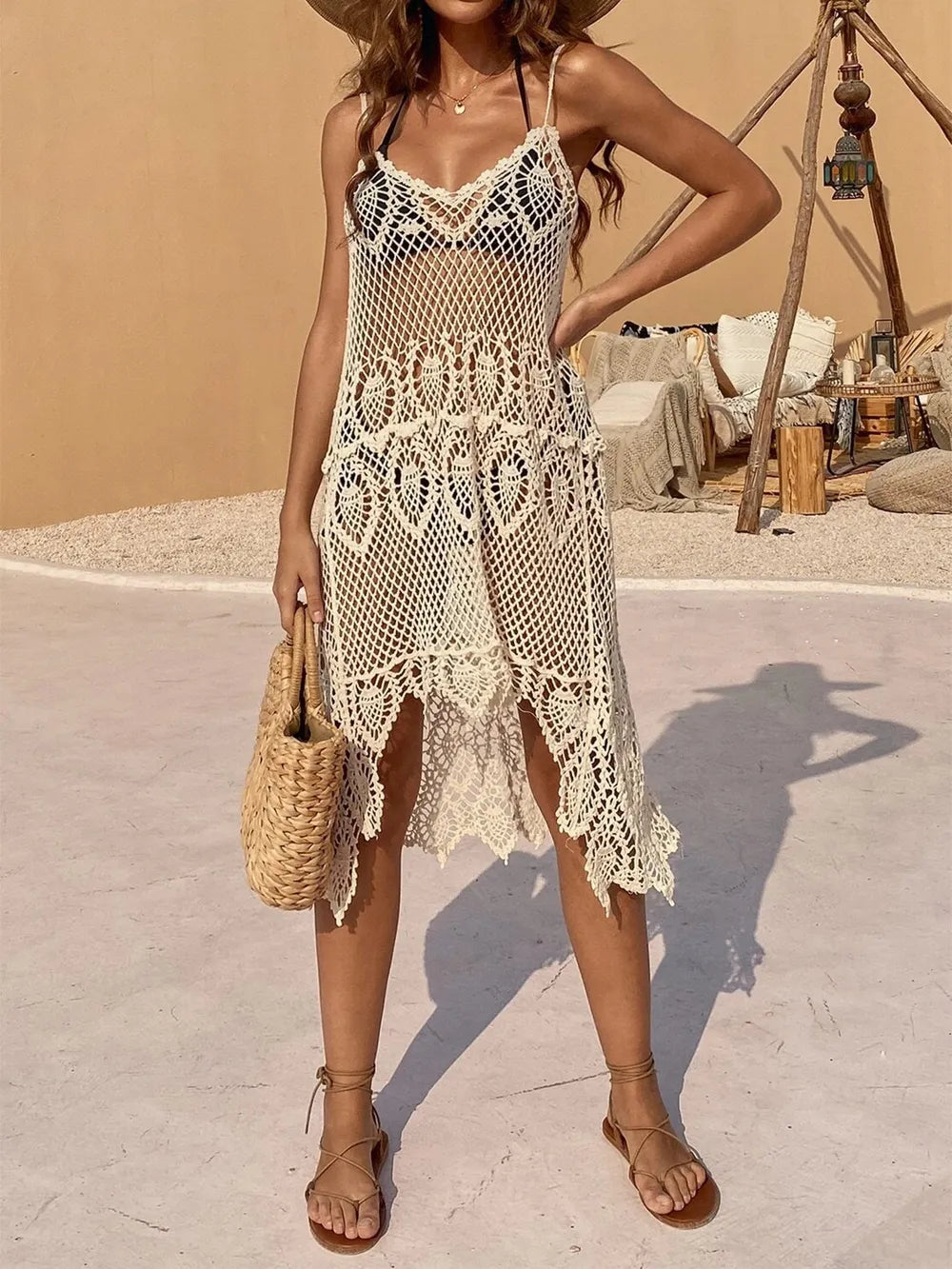 Openwork scoop neck cover up dress front view