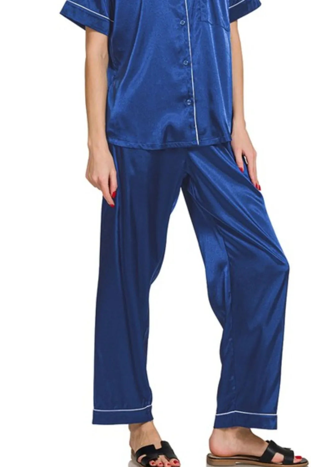 Zenana Satin Short Sleeve Top and Pants Pajama Set - Fashorio
